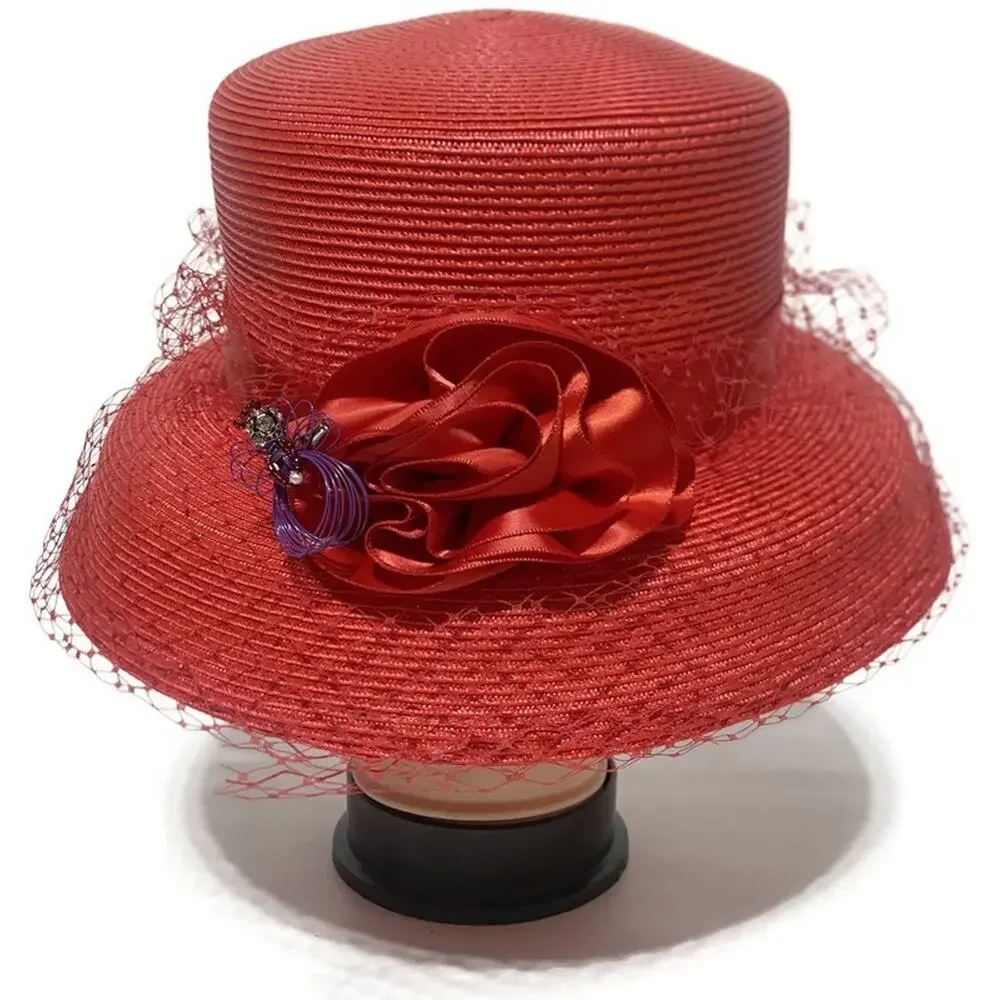 Vintage August Women's Red Derby Hat Polypropylene Dress Hat RN#80934 7x7.5